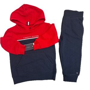 Tommy Hilfiger Jogger Set Boys 18 Months Navy Blue With Red Hooded With Pockets